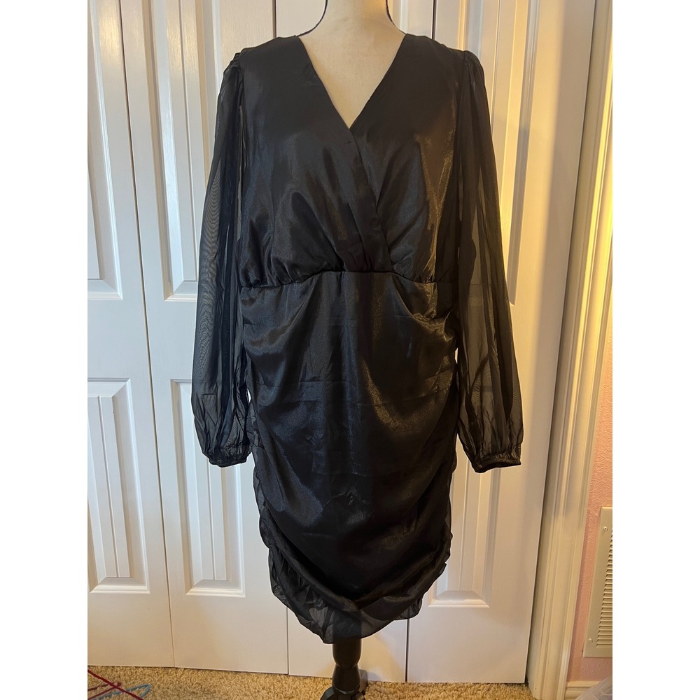 Andree by Unit Black Ruched Metallic Surplice V-Neck Sheer Sleeve Dress 1X NEW
